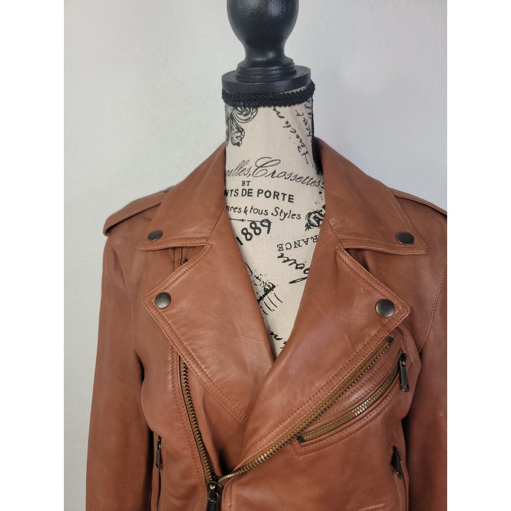 Polo Ralph Lauren Cognac Brown Lamb Leather Moto Jacket Size 2/4 Womens - Picture 13 of 16